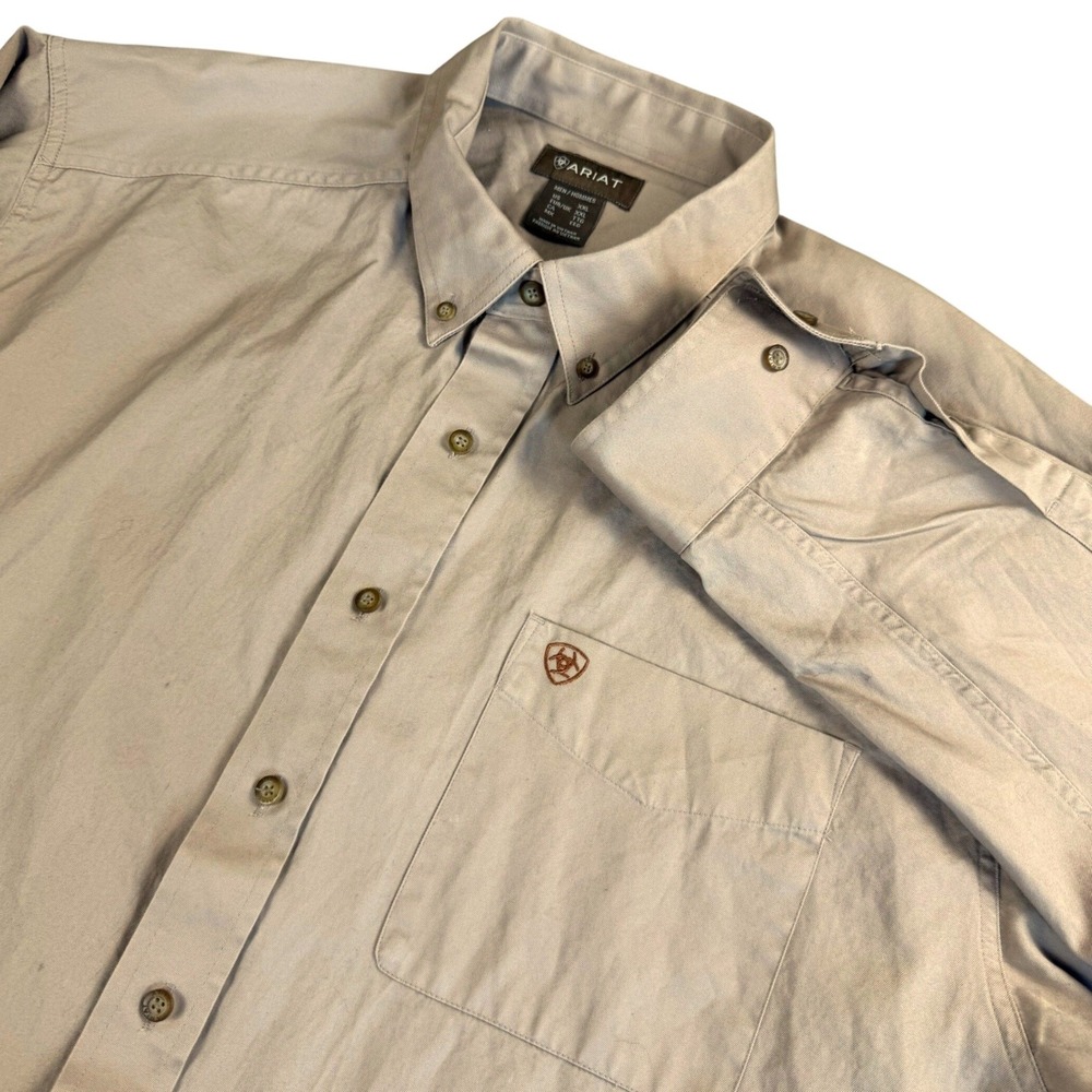 Ariat Button Down Shirt Men XXL Khaki Tan Workwear Western Long Sleeve Twill